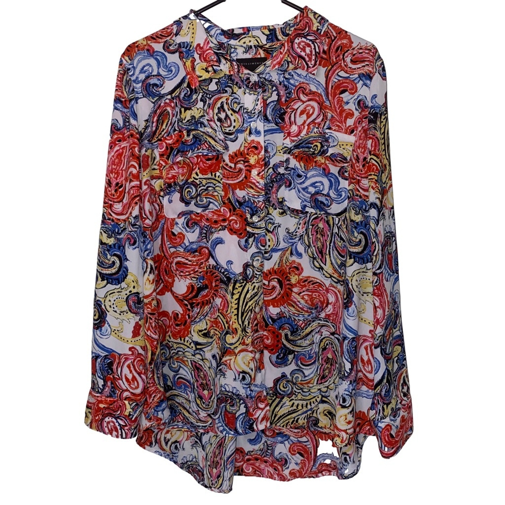 Women's Investments Paisley Button Down Blouse, Size L, White Multi